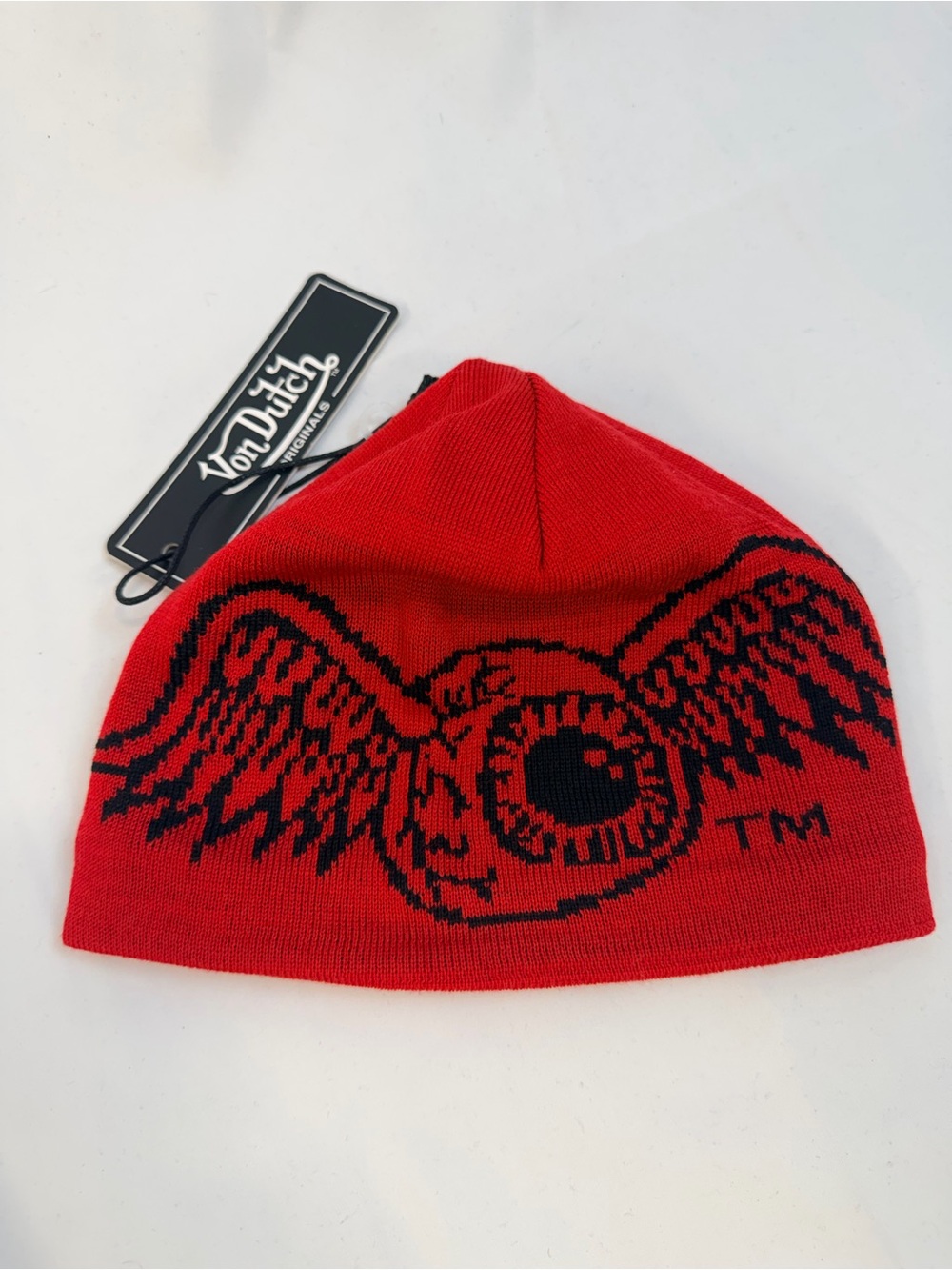 Von Dutch Red Knit Beanie with Winged Eye Design